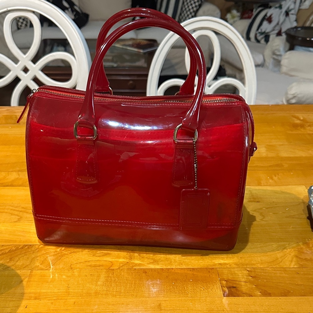 Women’s Glossy jelly Boston  Satchel Handbag with purse organizer pink red color